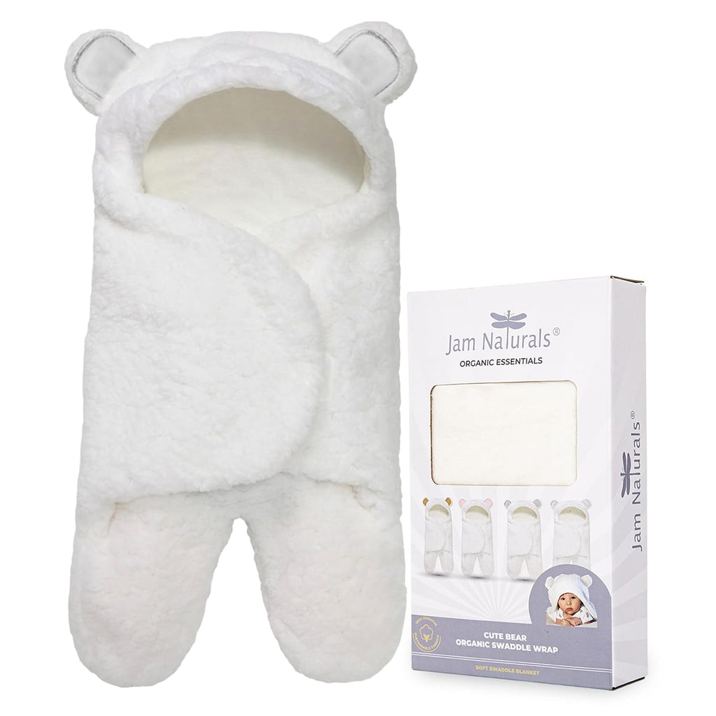 Snuggle Your Little One in Style with Our Cute Bear Organic Newborn Swaddle Wrap - Soft, Gender Neutral Baby Blanket in White (3-6M)
