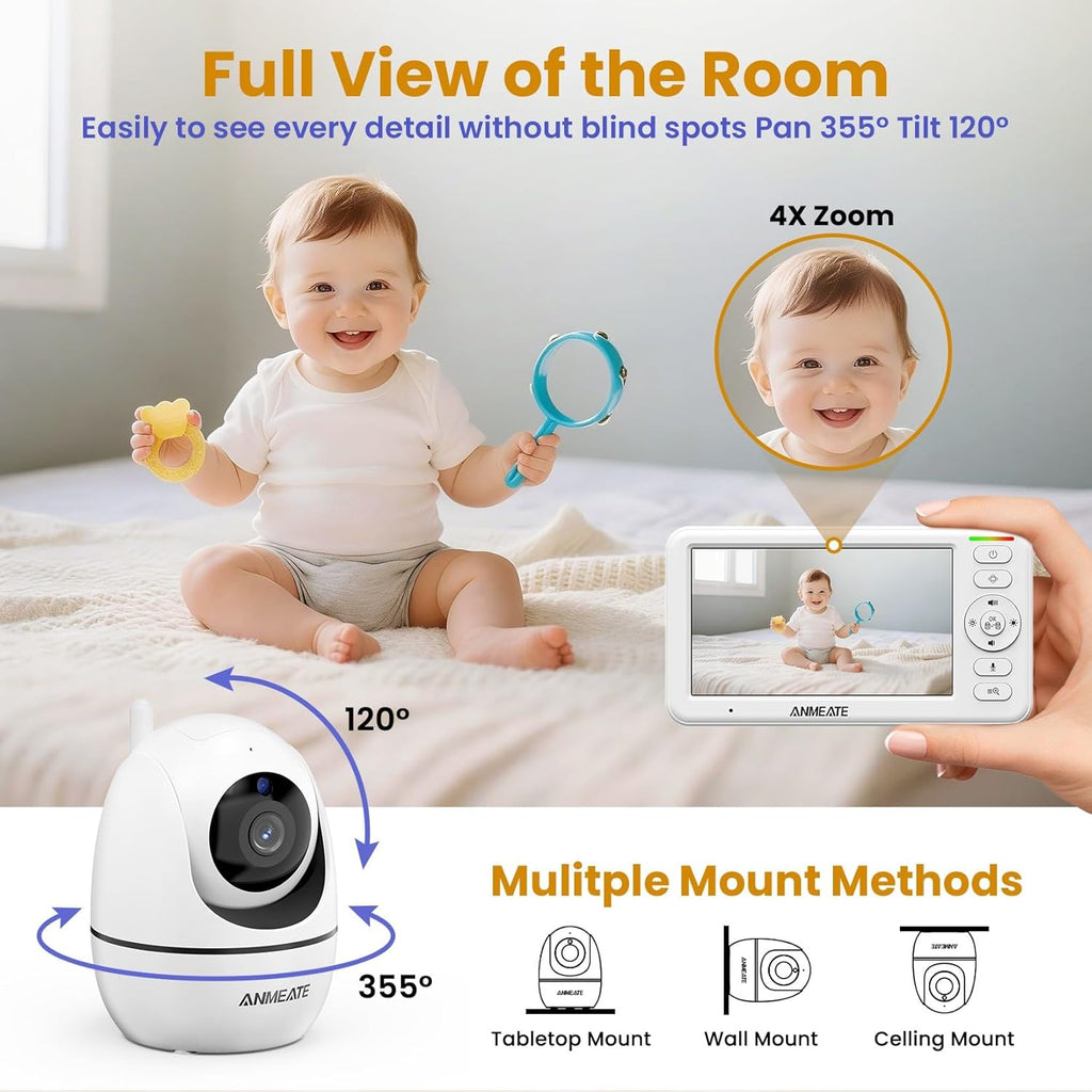Experience Peace of Mind with the 5" HD Video Baby Monitor - Enhanced Night Vision, Two-Way Talk, and 48-Hour Battery Life for Ultimate Baby Care