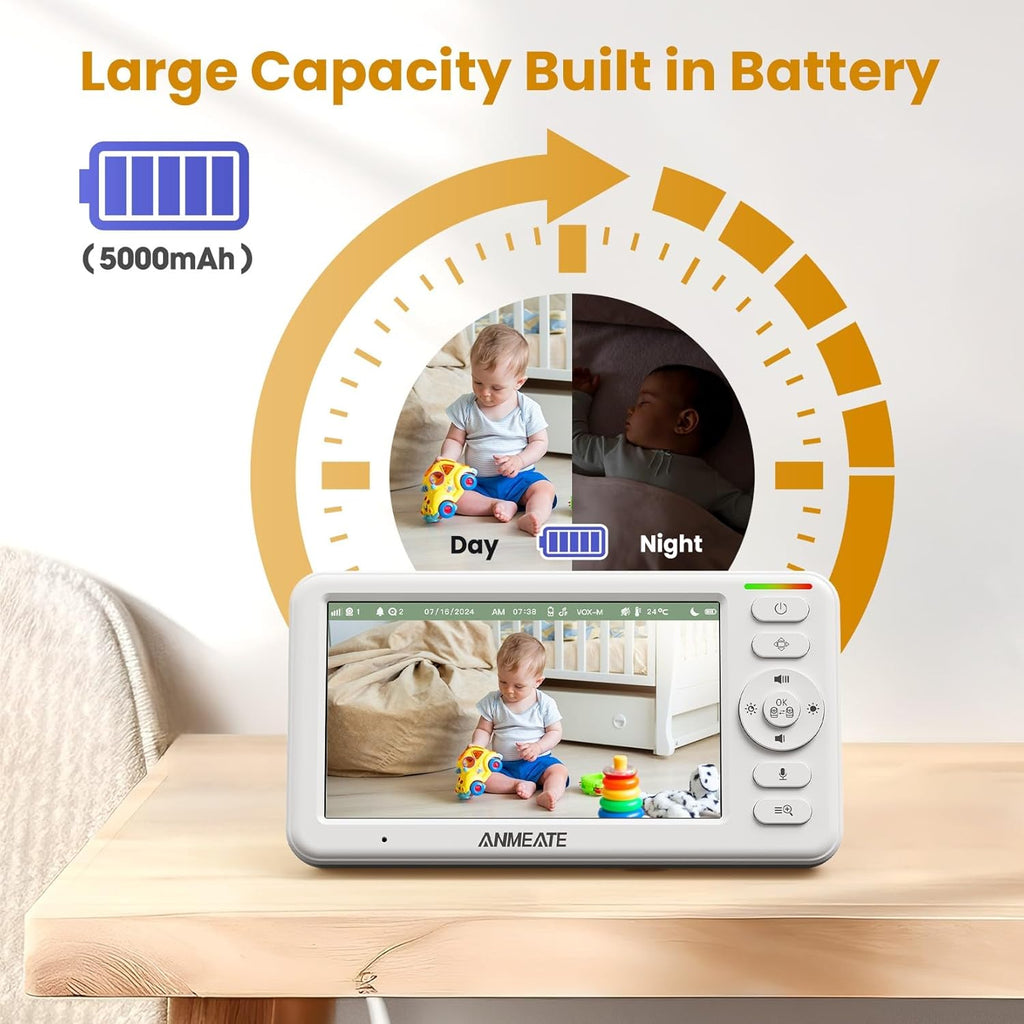Experience Peace of Mind with the 5" HD Video Baby Monitor - Enhanced Night Vision, Two-Way Talk, and 48-Hour Battery Life for Ultimate Baby Care