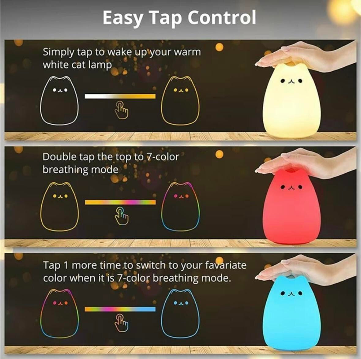 Adorable Cat Design Color Changing Night Light - 7 Soothing Colors for a Cozy Sleep